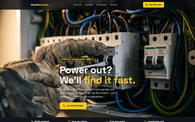 Electrician demo website built by Ospry Suite